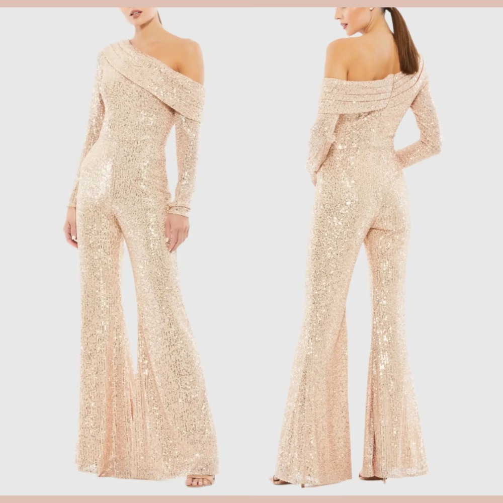 NWT Mac‎ Duggal [ 2 ] 26596 Sequined Drop Shoulder Long Sleeve Jumpsuit J2046
